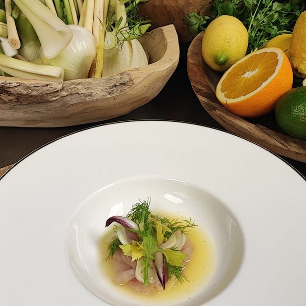 Pickled white fish, in ceviche with celery by chef de cuisine Egon Heiss A dish with a local...